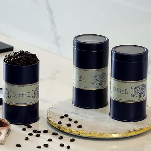 Image of Mandala Collection Airtight Kitchen Container|Set of 3-850ML| Blue Elephants| Food Grade Metal Storage Jars for Tea, Coffee & Sugar| Vacuum Sealed, Moist- Proof Kitchen Canisters