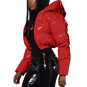 Générique Dames automne et hiver chaud court brillant veste en cuir à capuche rembourrée (Red, XL)