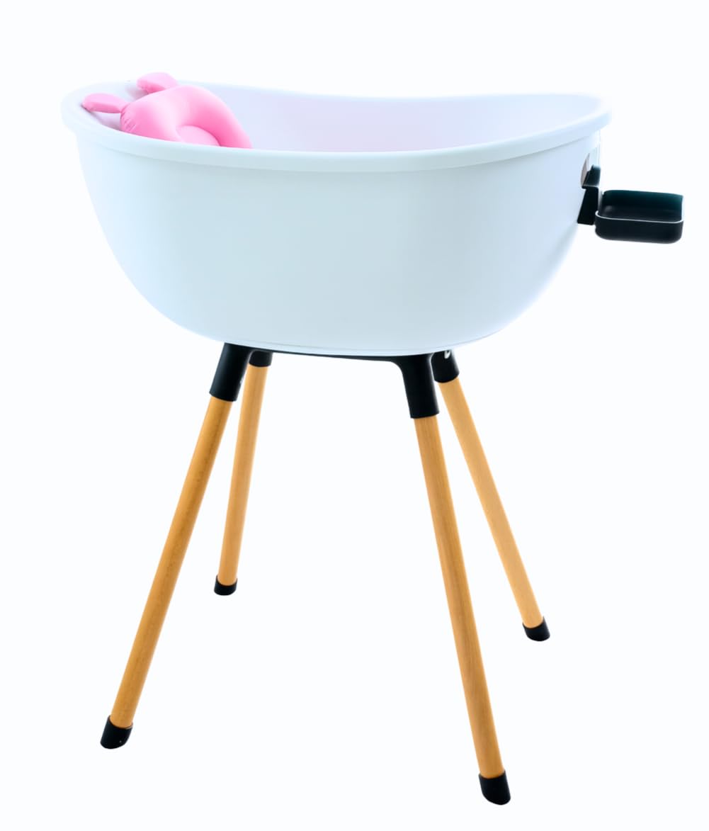 Luxury Baby Bathtub with Wooden Stand 3-Stage Convertible Ergonomic Back-Saving Design Pink Bundle