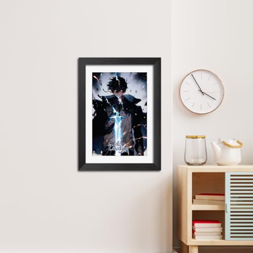 Image of TenorArts Sung Jinwoo Photo Frame Solo Leveling Anime Laminated Poster Framed Painting with Matt Finish Black Textures (12inches x 9inches)