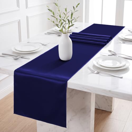 ANECO 4 Pack Satin Table Runner 12 x 108 Inch Long Bright Silk and Smooth Fabric Party Table Runner for Wedding Banquet Party Decoration- Navy Blue