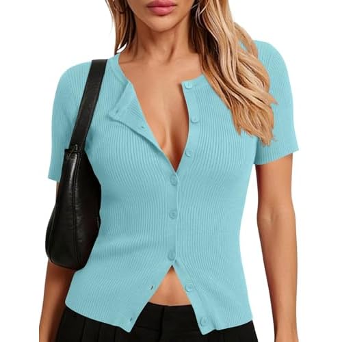 Kistore Short Sleeve Cardigan Women Summer Short Sleeve Lightweight Sweater Button Down Y2K Tops Fashion 2026 X-Large Sky Blue
