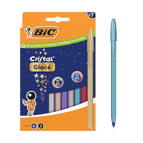 BIC Cristal Glacé Stylos-Bille Pointe Moyenne (1,00 mm) Cartouches d’encre rechargeables - Couleurs de corps et d'encres assortis, boîte de 7