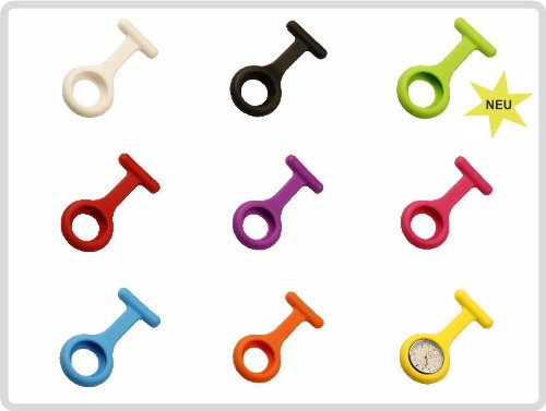 Schwesternuhr - Set mit 1 x Schwesternuhr und 9 x Silikonhüllen (hellblau, violett, weiss, orange, rot, gelb, grün, schwarz, pink) -