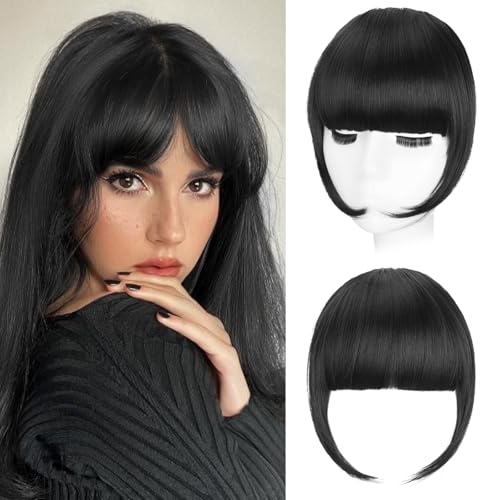 Flvaco Clip in Bangs Synthetic French Bangs Hair Clip Dark Black Fake Bangs Fringe with Temples Hairpieces for Women Natural Curved Hair Extensions for Daily Wear