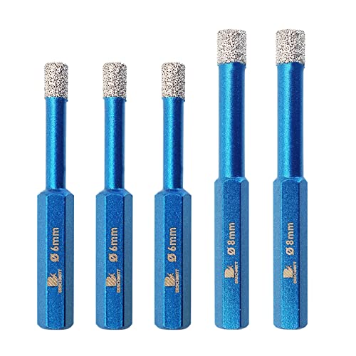 Diamant Trockenbohrer Fliesenbohrer 6/6/6/8/8mm - BRSCHNITT Sechskant-Schaft fliesenbohrer set Lochsäge für Keramik, Granit, Porzellan, Fliesen, Feinsteinzeug, Mauerwerk, Marmor（5 Stück).