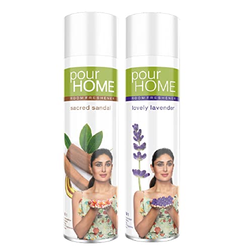 Image of POUR HOME Sacred Sandal & Lovely Lavender Room Air Freshener Spray - 220ML Each (Pack of 2)| Long-Lasting Fragrance - Reduces Odours - Suitable for Home & Office