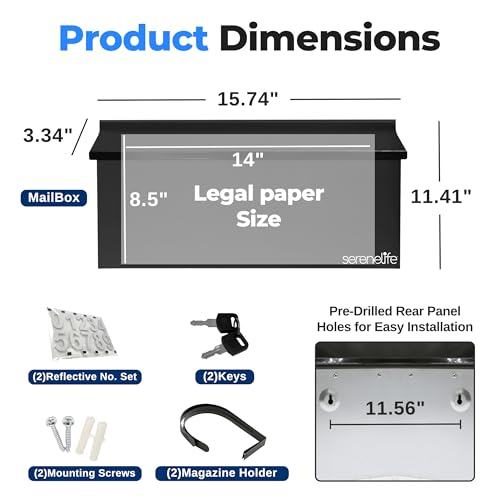 SereneLife Outdoor Wall Mailbox & Newspaper Holder | 0.24 FT Cubic Mailbox | Easy Installation, Secure Lock Mechanism | Ideal for Residential or Commercial Use | Wall Mountable | 15x3x11 in | Black by SereneLife - Image 3