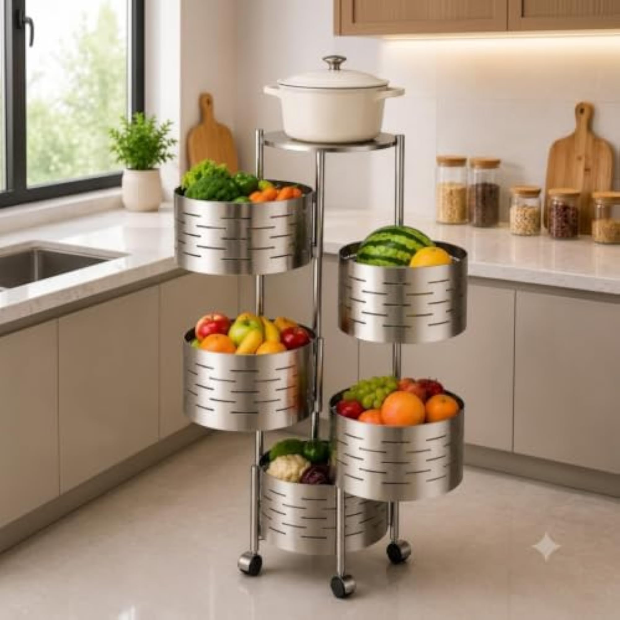 5-Tier Rotating Stainless Steel Kitchen Storage Rack