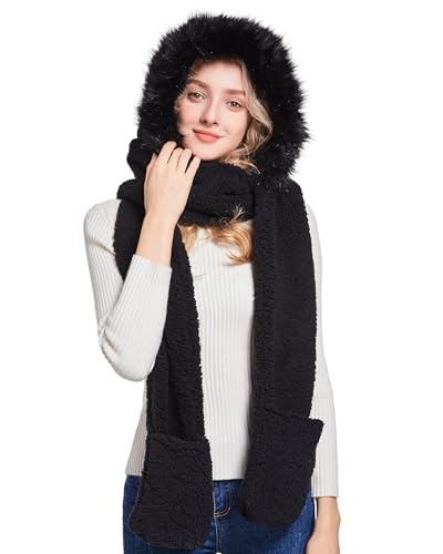 Winter Faux Fur Fuzzy Trim Sherpa Hooded Scarf Cute 3-in-1 Scarf Hat Gloves Set for Women2