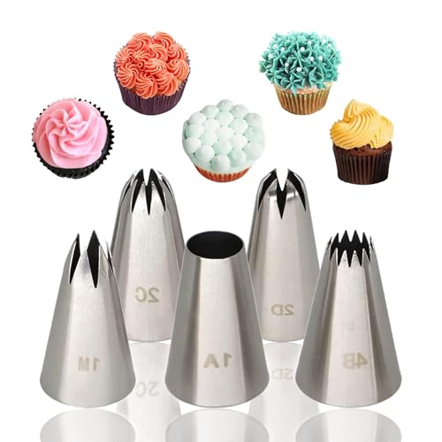 5 Pack Piping Nozzle, 304 Stainless Steel Piping Tips Large Piping Nozzles Cake Piping Kit for Cupcake Cookie Cake Decorating