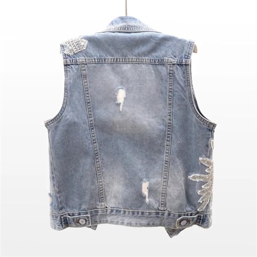 Summer Lace Beading Flowers Denim Vest Women Washed Waistcoat Slim Short Hole Sleeveless Jacket Jeans Vests2