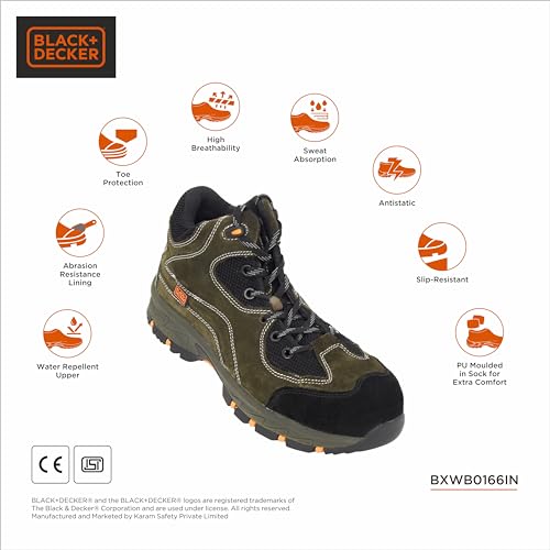 Image of BLACK+DECKER High Ankle Black Leather Safety Shoes for Men | Double Density | Fiber Toe | Antistatic & Antislip | BXWB0166IN