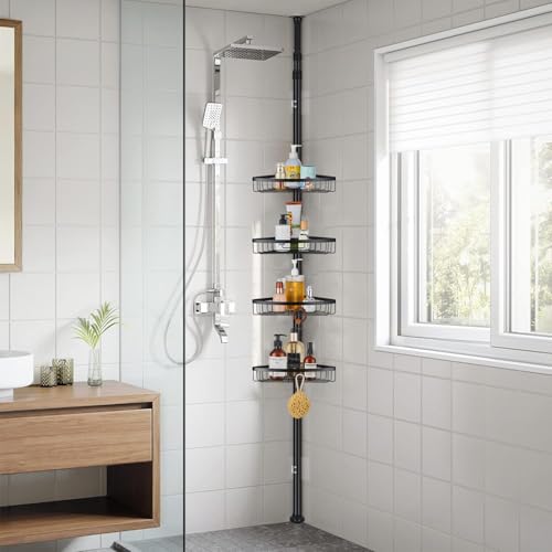 QIUFEN Étagère Salle de Bain Télescopique Etagère de Douche d'angle Sans Perçage, Etagères de Rangement de Salle de Bain avec 4 Paniers pour Salle de Bain,...
