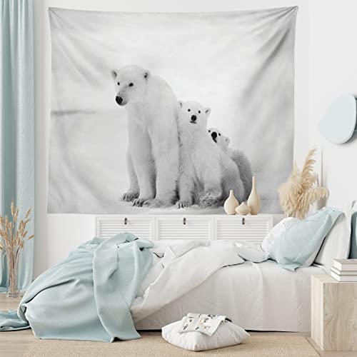 Ambesonne Sea Animals Tapestry, Polar Bear Family 2 Small Cubs Around The Snow Cold Winter North, Wide Wall Hanging For Bedroom Living Room Dorm, 80" X 60", Grey White #TOP4