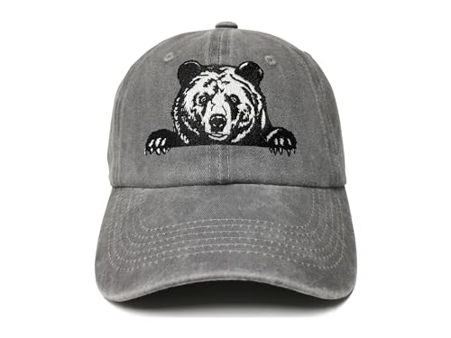 ZKFE Embroidered Bear Hat for Men Women, Washed Grey Baseball Cap, Adjustable Denim Dad Hat Embroidery Trucker Hats