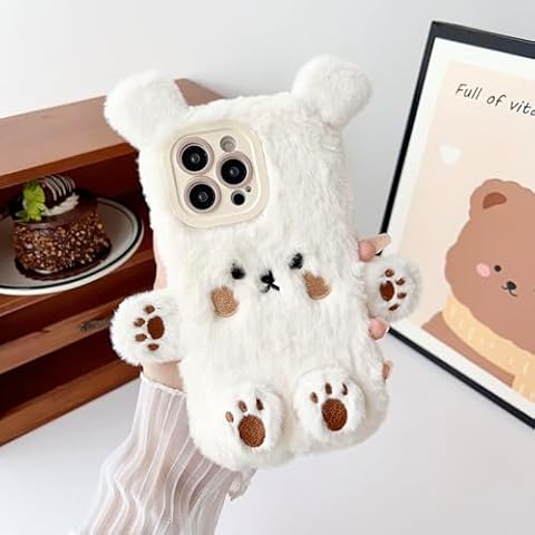 HOULISE Case for iPhone 15 Pro Cute White Bear Phone Case, Cute White Bear Warm Plush Phone Case with Removable Ears, Paws and Feet for Women and Girls Cover