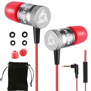KLIM Fusion Earbuds Wired with Microphone + Long-Lasting with 5 Years Assurance – New – Innovative Memory Foam Earbuds + Gaming Earbuds with Mic and 3.5 mm Jack – Red Earphones