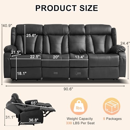 Image of Loveseat Recliner Sofa,3 Seater RV Recliner Couch, Manual Reclining Loveseat with Console for Living Room, Home Theater Seating with AC /USB C /USB and Drawer (Black, 3 Seater + Console)