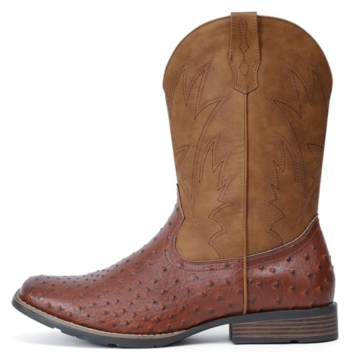 Image of IUV Cowboy Boots For Men Western Ostrich Wide Embroidered Pull On Boots | Durable & slip-resistant pull-on boots, Fashionable embroidered design, Vintage style for men, stylish for casual.