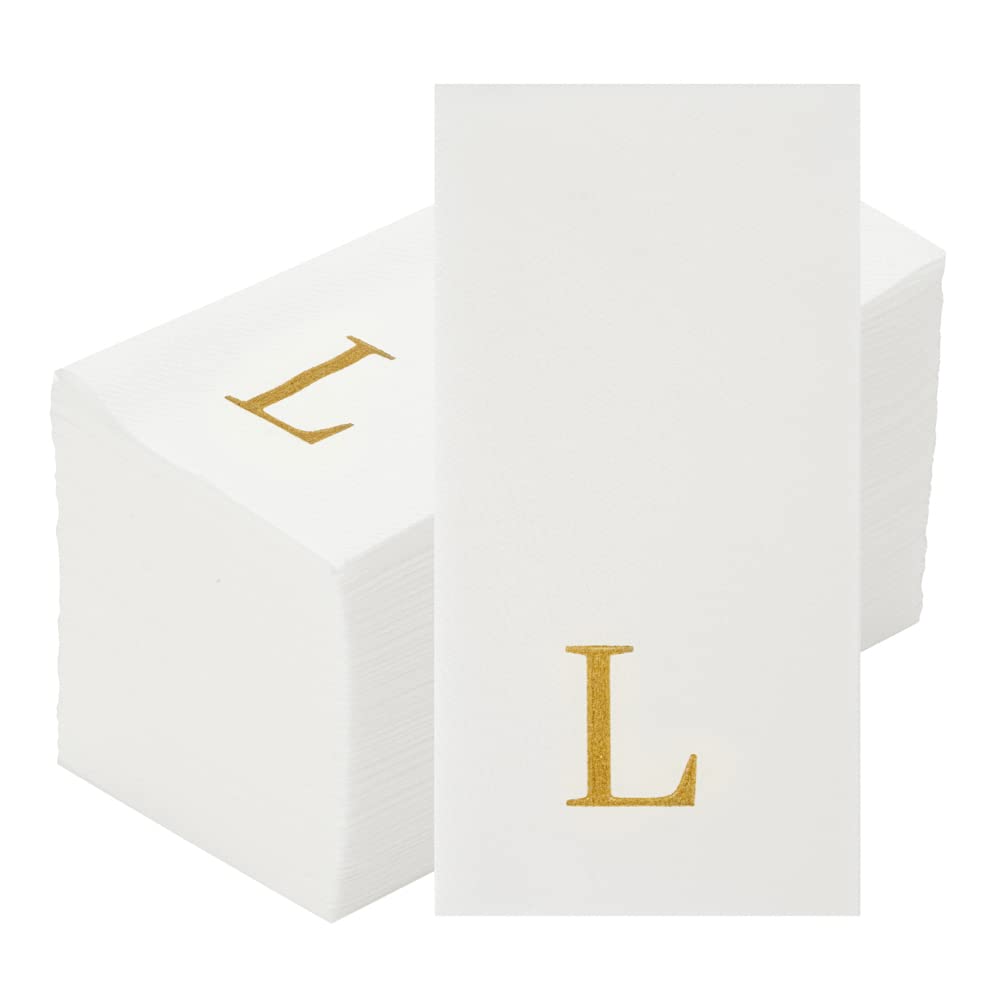 Luxenap - Toallas de invitados de 15.8 x 7.9 pulgadas, 50 toallas de mano con letras doradas, letra "L", letra Sans Serif, servilletas de papel blanco, airlaid, para baños y mesas