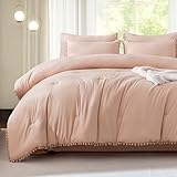 Litanika Comforter Full Size Set Pink,3 Pieces Blush Boho Pom Pom Lightweight Bed Full,All Season Solid Color Bedding Sets for Girls (1 Comforter 79x90 Inch, 2 Pillowcases)