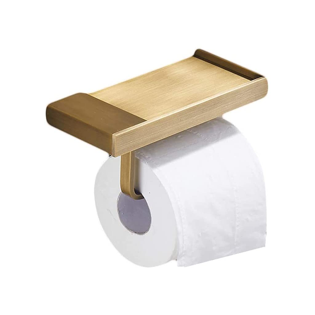Sostenedor de papel higiénico con estante para teléfono móvil en pared oro cepillado