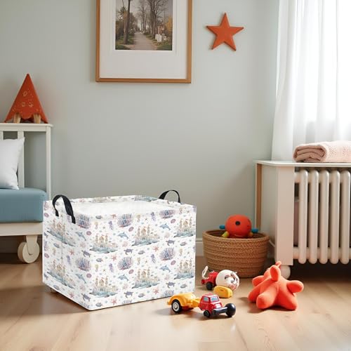 Image of Rectangular Kids Storage Basket Boys for Home Kitchen Girls Cute Storage Bin Organizer Shelf Book Room Decor(Sea Castle)