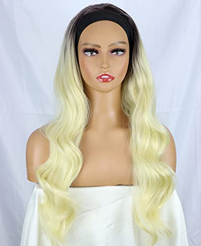 SYMEIW 24 inch Body Wave Headband Wig Synthetic Ombre Blonde Color Long Wavy Wig for Black Women Glueless Wig with Headband Attached 180% Density Heat Friendly (613)