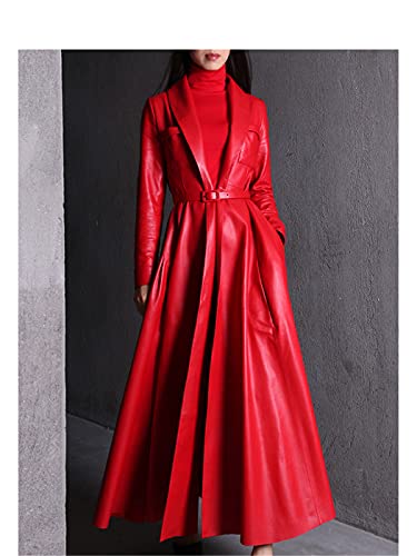 Red Black Maxi Leather Trench Coat, Women Long Skirted Elegant Overcoat Plus Size2