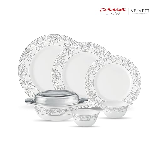 Image of La Opala Diva Velvett Collection Opal Glass Crockery | for Family of 6 | Dinner Set 35 pcs Aria Grey | Plates & Bowls for Dining | Microwave Safe | 100% Vegetarian | Extra Strong | Light & White