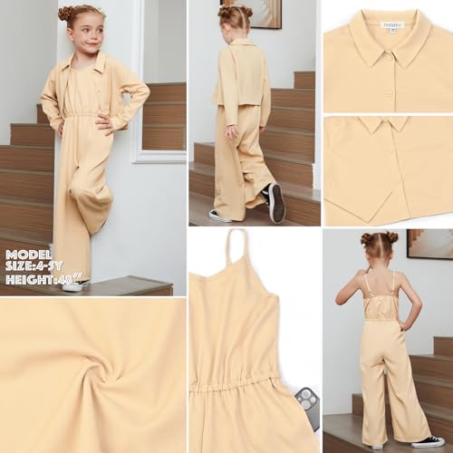 Image of Perfashion Girls 2 Piece Outfits Cotton Linen Jumpsuit Set Button Down Shirt Pants Sets School Clothes 6-15Y