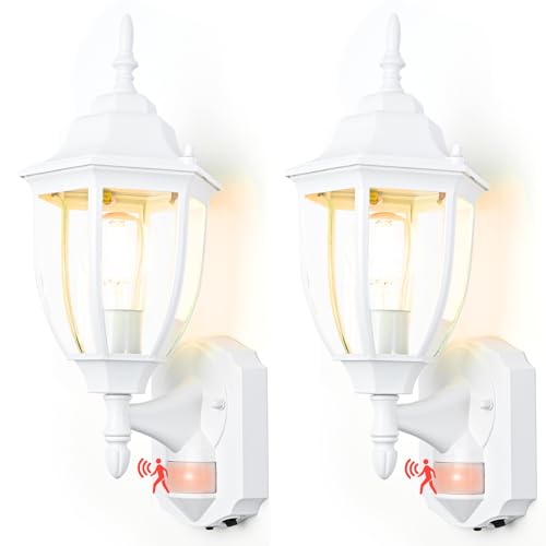 Image of Porch Lights Outdoor Motion Sensor Wall Sconce Anti-Rust Aluminum, Exterior Outdoor Wall Lights Dusk to Dawn Porch Light Fixture Wall Mount for House Outside Patio 2Pack White