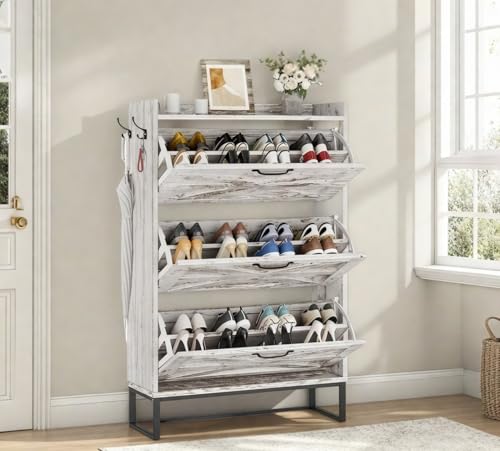 DWVO Farmhouse Shoe Storage Cabinet with 3 Flip Drawers, Slim Shoe Cabinet for Up to 24 Pairs, Narrow Shoe Rack for Entryway, Living Room, Hallway (Vintage White)