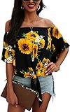 Hibluco Womens Off The Shoulder Tops Sexy Floral Print Summer Blouses T-Shirt