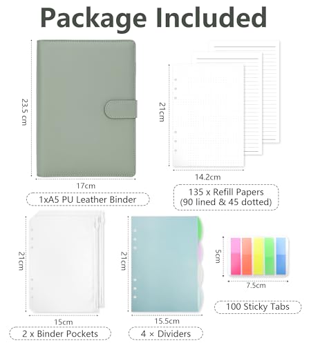 Ringbuch A5 Nachfüllbar, Leder Notizbuch Binder Mit 135 Blätter A5 Nachfüllpapier Und Bindertaschen Für Schulnotizen Reisetagebücher und Organizer(Grün)