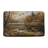 AMFD 2Pcs Forest Deer Bath Mat Fall Rustic Cabin Wildlife Moose Lake Hunting Lodge Farmhouse Country Natural Scenery Bathroom Bathtub Floor Rugs Doormat Toilet Decor, Yellow
