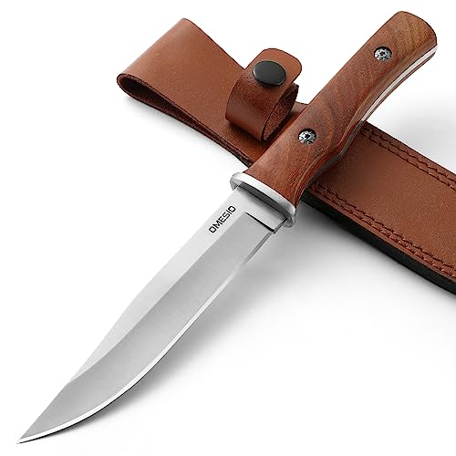 Omesio Outdoor Survival Messer Jagdmesser Outdoor-Messer mit Lederscheide, Bushcraft Messer scharf Survival Camping Robust, Holzgriff