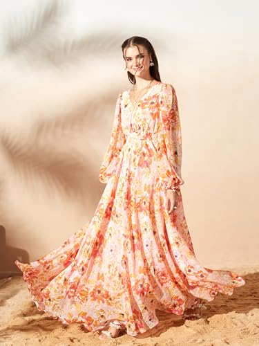 Image of Miss Chase Women's Multicolored-Base-Brown Relaxed Fit Maxi Lurex Chiffon Dress