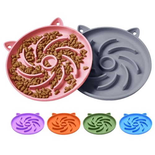 2Pcs Slow Feeder Cat Bowl,Puzzle Feeder Cat,Interactive Toys，Slow Feeding cat Bowl Suitable for All Dry and Wet Foods,Easy to Clean Silicone Bowls (Grey and Pink)