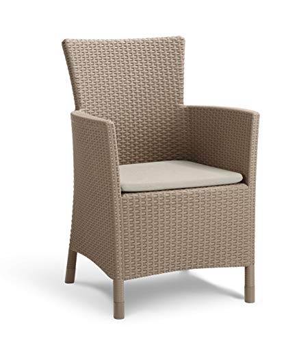 Keter Allibert by Iowa - Sillón de jardín, Color Cappuccino/Arena, Incluye cojín, plástico, Aspecto de ratán, Resistente a la Intemperie, Resistente a los Rayos UV, Certificado TÜV hasta 110 kg