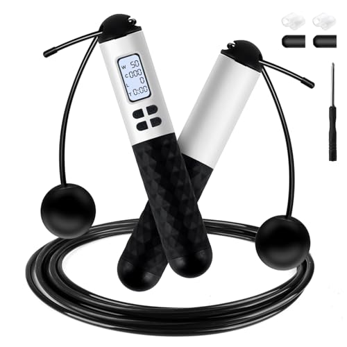 iMoebel Springseil mit Zähler, Verstellbar Speed Rope Seilspringen Stahlseil Anti-Rutsch Griffe Kalorienzähler Timer für Fitness Boxen Abnehmen Crossfit, Schwarz-weiß