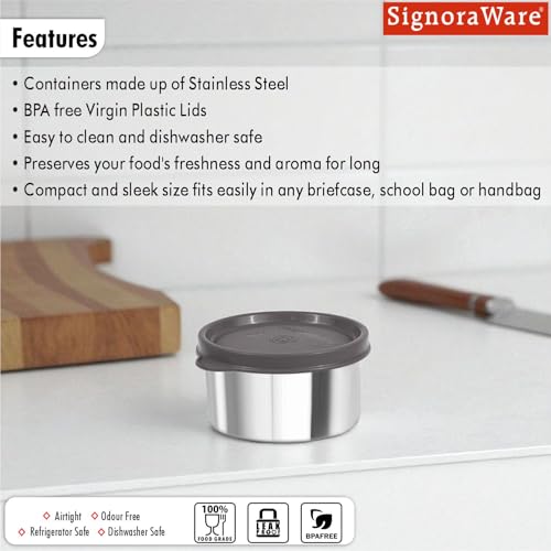 Image of SignoraWare Ample Stainless Steel Container | Airtight & Leakproof | Dishwasher Safe | Durable Storage Solution | Ideal for Kids, Office, School, Picnic & Outdoor Use (225ml | Grey)