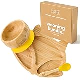 bamboo bamboo Plato Y Tazón Para Bebé, Set De Destete Con Succión Segura, Plato De Bambú En Forma De Zorro, Tazón Para Niños Y Cuchara, Vajilla Antideslizante Desde 6 Meses (Zorro, Amarillo)