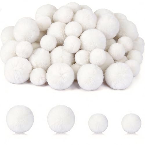 SEPGLITTER 60 Pcs White Yarn Pom Poms, 1 Inch 1.5 Inch Large Fuzzy Fluffy Pompom Balls for DIY Crafts Valentines Christmas Holiday Party Hanging Decor Hats Costume Supplies