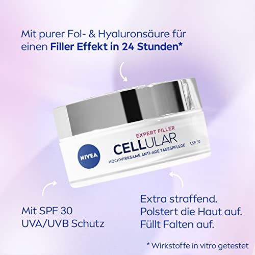 NIVEA Cellular Expert Filler Hochwirksame Anti-Age Tagespflege LSF 15, extra straffende Gesichtspflege mit Auffüllungseffekt, aufpolsternde Tagescreme mit Hyaluronsäure & Sonnenschutz (50 ml) 2