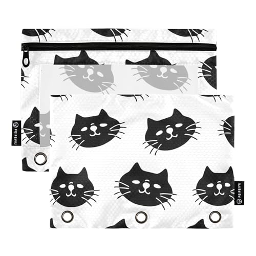 Lot de 2 pochettes transparentes à 3 anneaux avec motif têtes de chat noires et fermeture éclair pour l'école - 24,9 x 18 cm