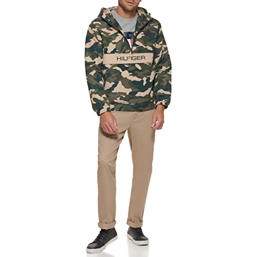 Tommy Hilfiger Men's Lightweight Taslan Hooded Popover Windbreaker Jacket, Green Camouflage, Small #TOP1
