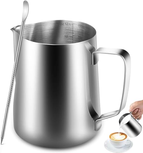 La Mejor Lista de Jarras para vaporizar leche que Puedes Comprar On-line. 45 Anpro Jarras para Espumar Leche 350 ml/12oz Taza de jarra de vapor exprés, Medidas en ambos interiores, Barista Pen, Jarra de Leche de Acero Inoxidable Perfecto para Máquinas de...