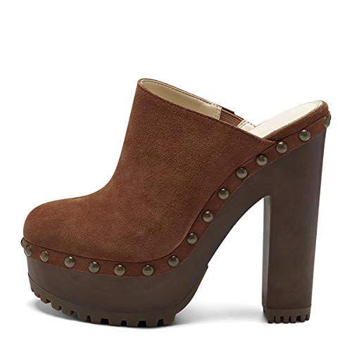 Xyd Cork Platform Super High Heels Mules For Women Chunky Block Studded Closed Round Toe Slides Sandals Backless Fashion Dress Club Shoes Size 14 Brown-Suede #TOP30